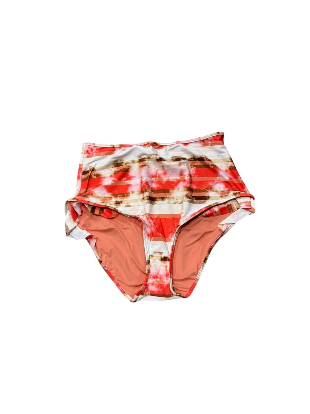 aerie High-Waist Bikini Bottoms in Coral, White & Gold Brushstripe Medium